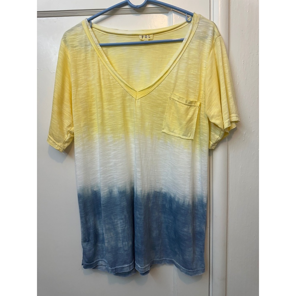 POL Yellow Blue Dip Dye Ombre V-Neck Pocket Tee Shirt Womens Medium YKT846